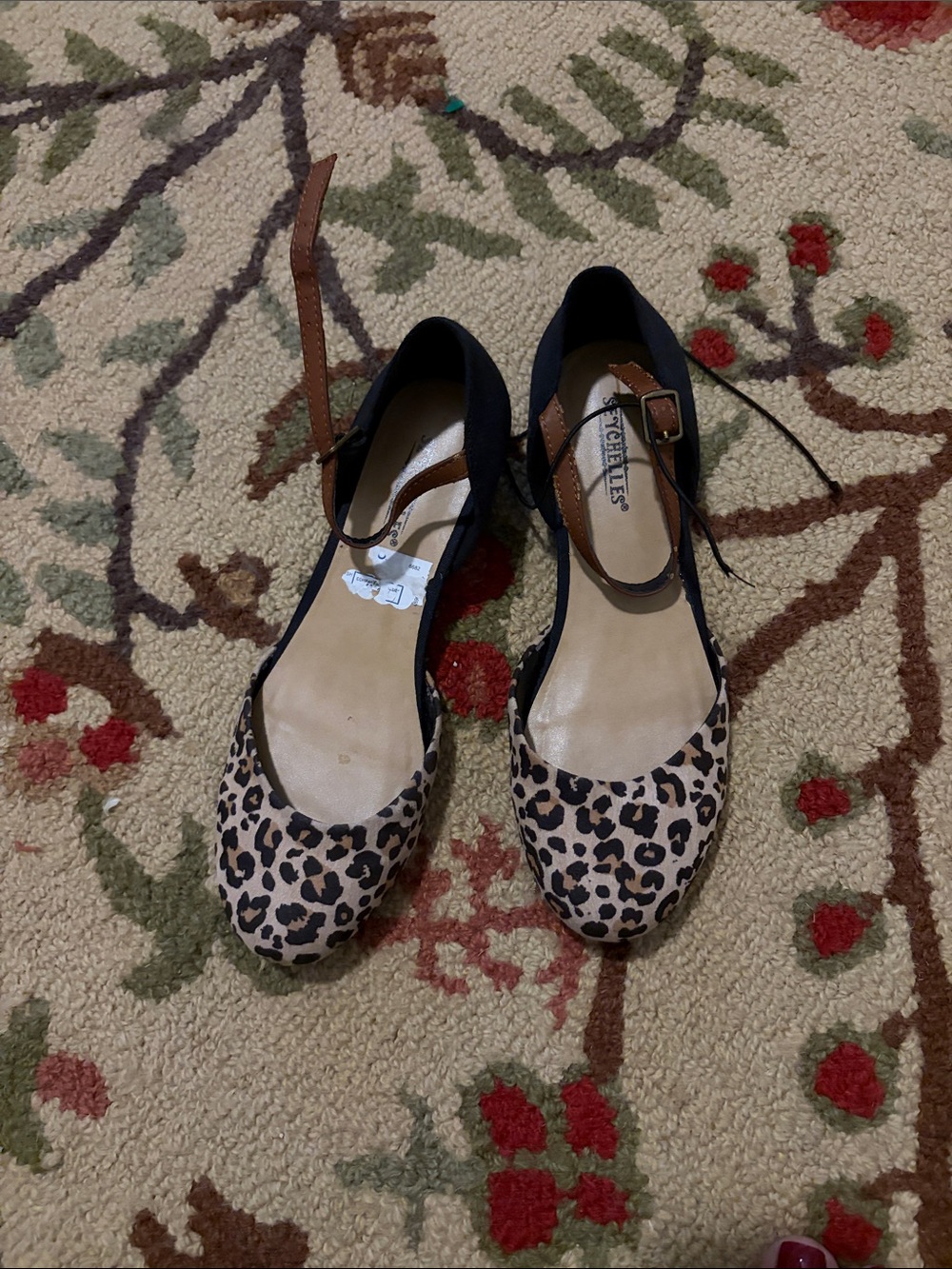 Seychelles Leopard D'Orsay Flats with Black Sides and Brown Straps